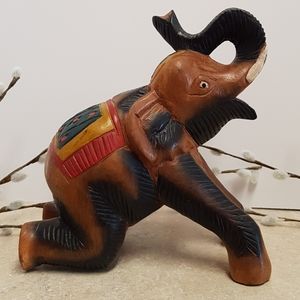 Vintage Hand Carved Wooden Elephant Statue